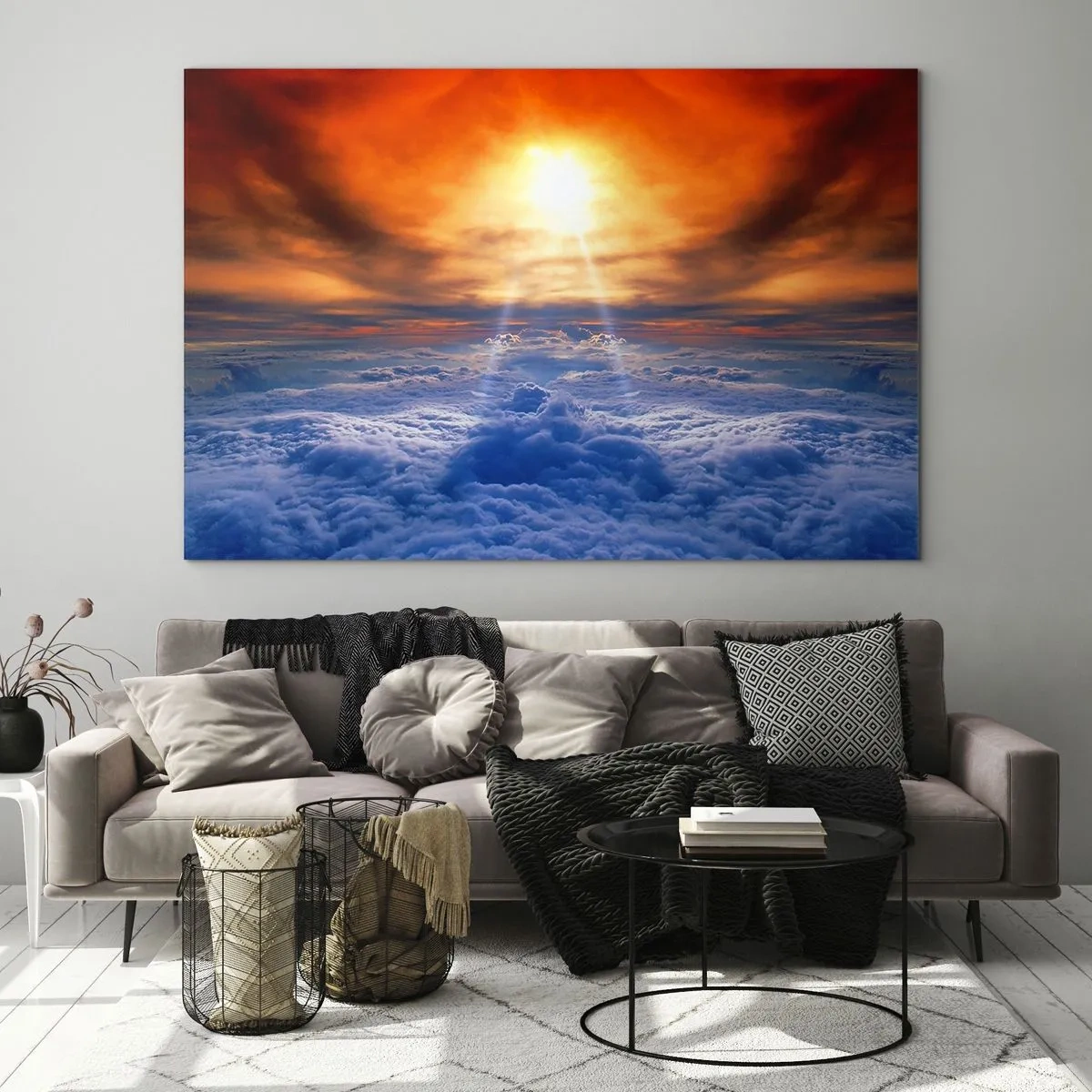 Cuadro sobre vidrio - Impresiones sobre Vidrio - Nubes iluminadas por los rayos del sol poniente - 70x50cm - Paisaje místico - Decoración de pared moderna para salón y dormitorio ARTTOR