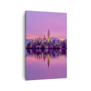 Cuadro sobre lienzo - Impresión de Imagen - Lago con una isla y una iglesia al atardecer - 80x120cm - Isla de cuento de hadas al atardecer  - Decoración de pared moderna para salón y dormitorio ARTTOR