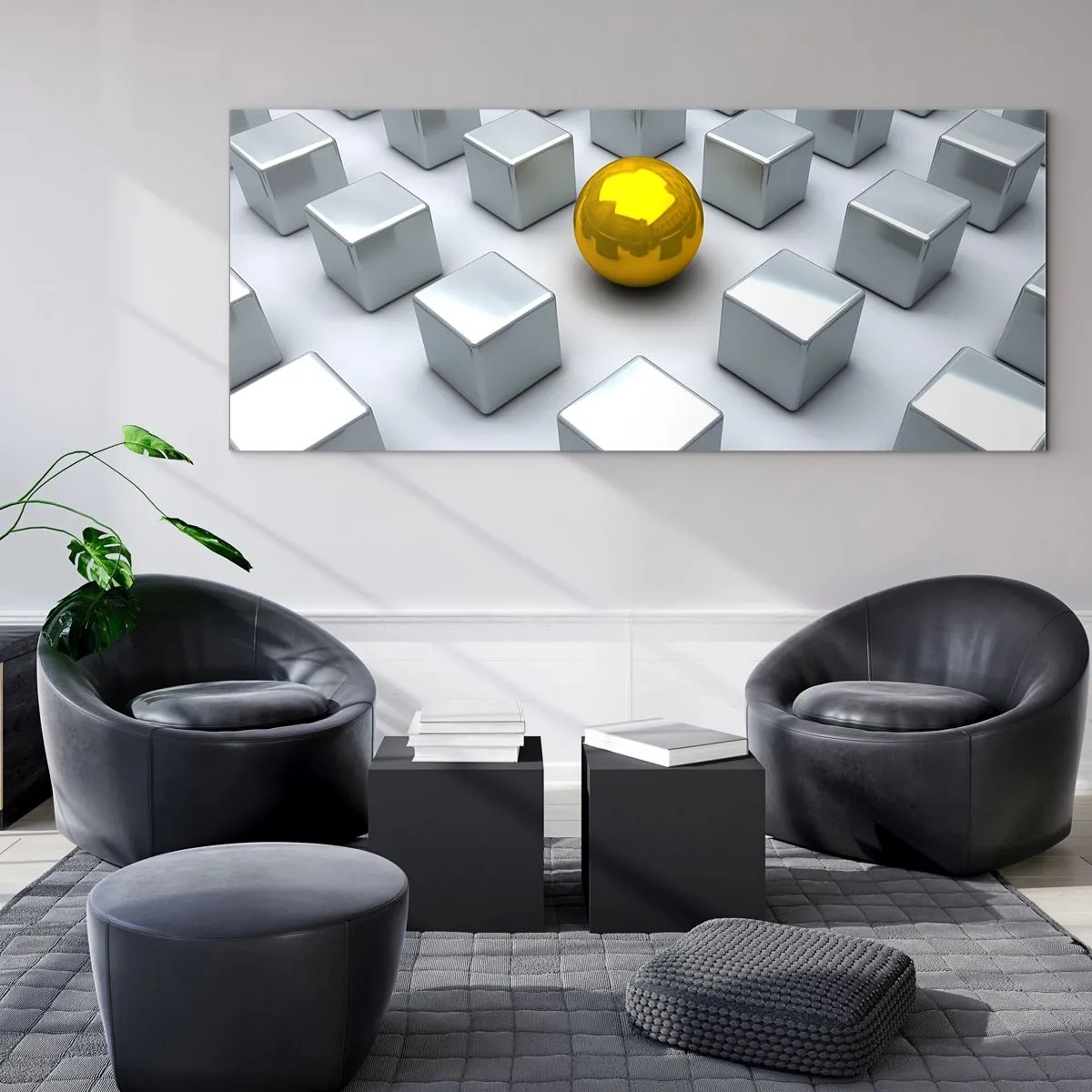 Cuadro sobre vidrio - Impresiones sobre Vidrio - Una esfera dorada que destaca entre los cubos plateados. - 160x50cm - ¿Por qué yo? Composición geométrica - Decoración de pared moderna para salón y dormitorio ARTTOR