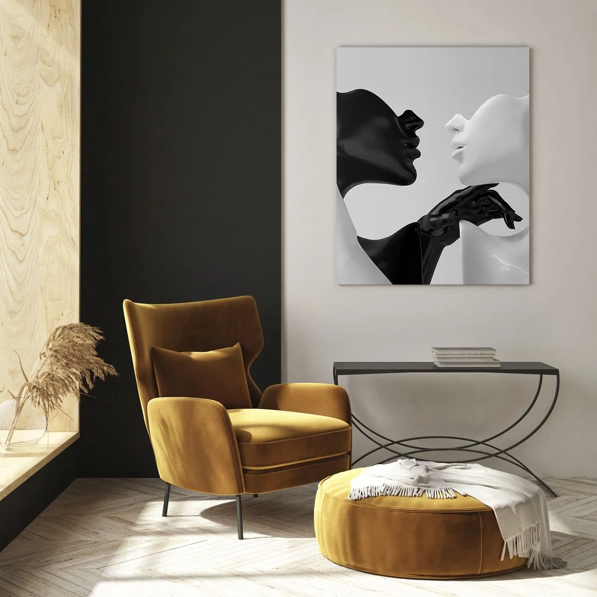 Cuadro sobre vidrio - Impresiones sobre Vidrio - Siluetas en blanco y negro en primer plano dinámico - 80x120cm - Atracción - deseo - Decoración de pared moderna para salón y dormitorio ARTTOR