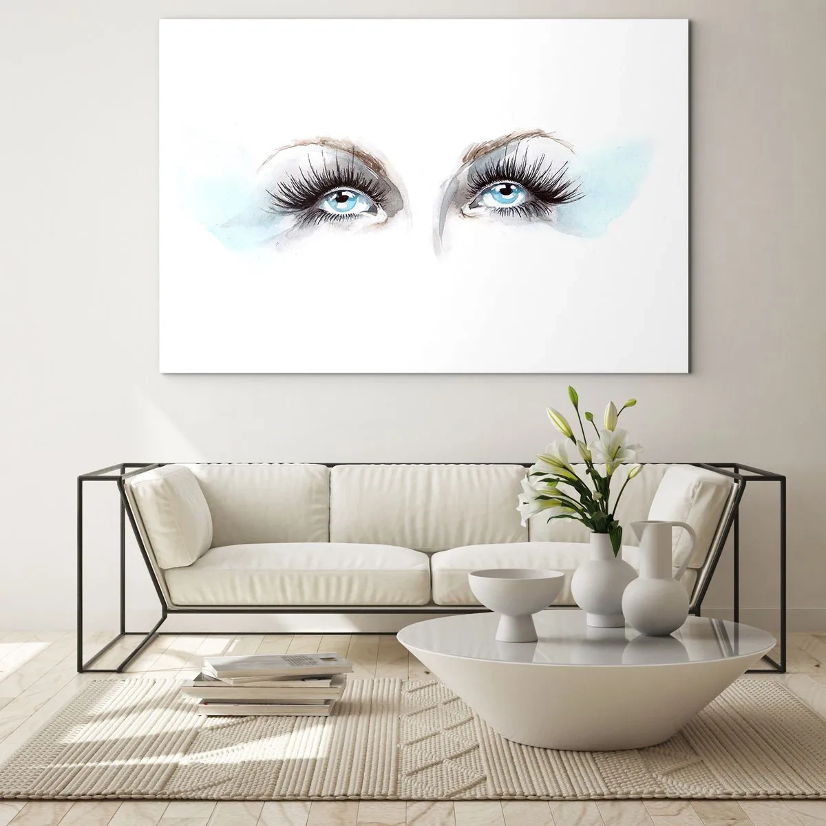 Cuadro sobre vidrio - Impresiones sobre Vidrio - La mirada sutil de los ojos azules en una composición artística. - 120x80cm - ¿Los ojos de un ángel? - Decoración de pared moderna para salón y dormitorio ARTTOR