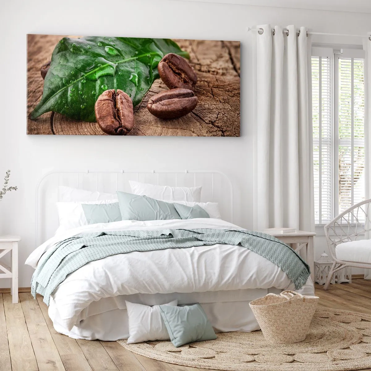 Cuadro sobre lienzo - Impresión de Imagen - Granos de café y hojas verdes sobre un fondo de madera - 120x50cm - El auténtico y negro - Decoración de pared moderna para salón y dormitorio ARTTOR