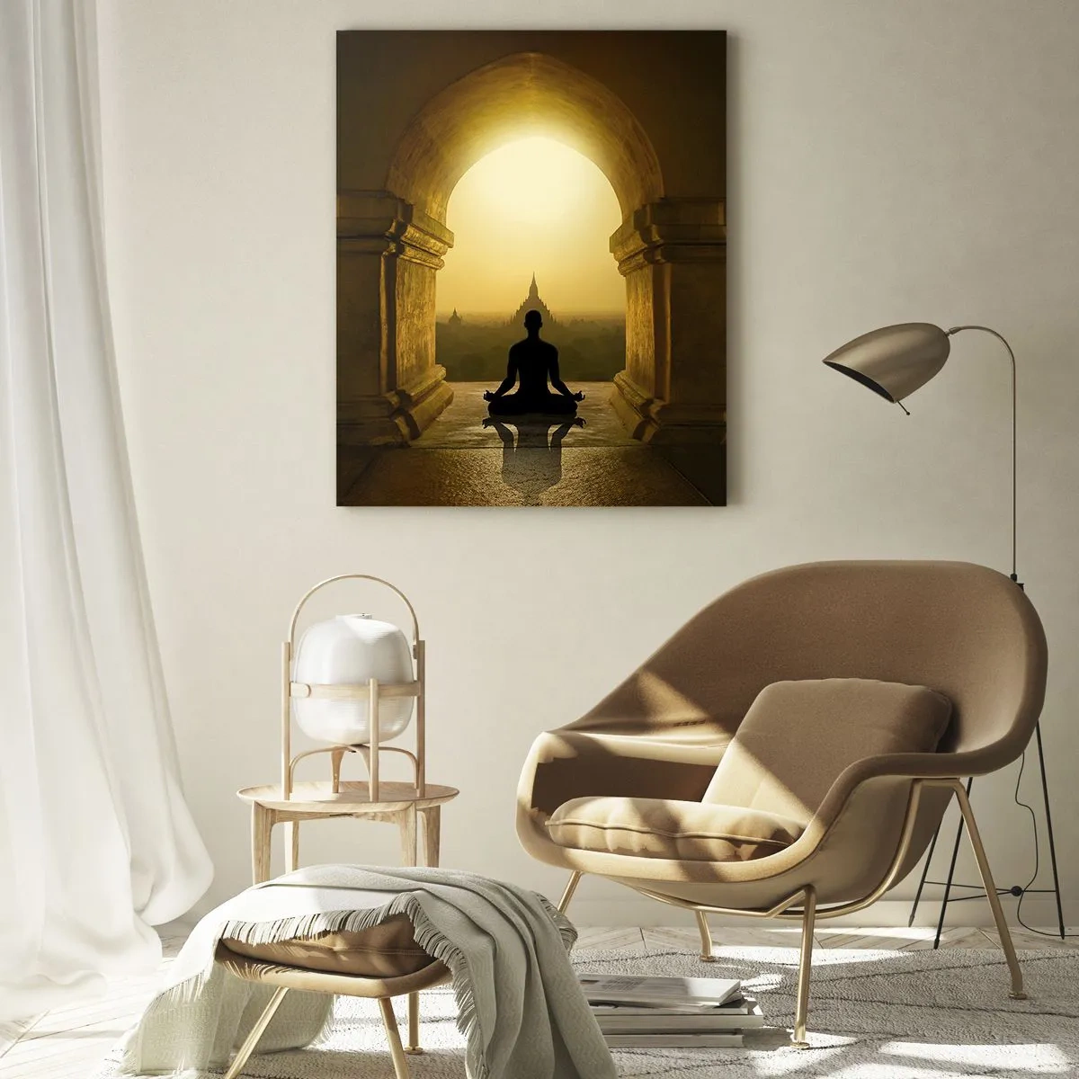 Cuadro sobre vidrio - Impresiones sobre Vidrio - Silueta de una persona meditando a la luz del sol poniente en un arco arquitectónico. - 50x70cm - Armonía total - Decoración de pared moderna para salón y dormitorio ARTTOR