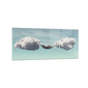 Cuadro sobre vidrio - Impresiones sobre Vidrio - Una persona relajándose en una hamaca suspendida en las nubes. - 120x50cm - La felicidad del momento - Decoración de pared moderna para salón y dormitorio ARTTOR