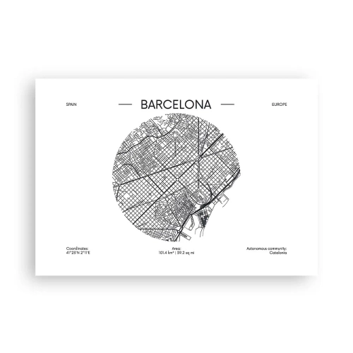 Póster - Un mapa de Barcelona en estilo minimalista en blanco y negro - 100x70cm - Anatomía de Barcelona - Decoración de pared moderna para salón y dormitorio ARTTOR