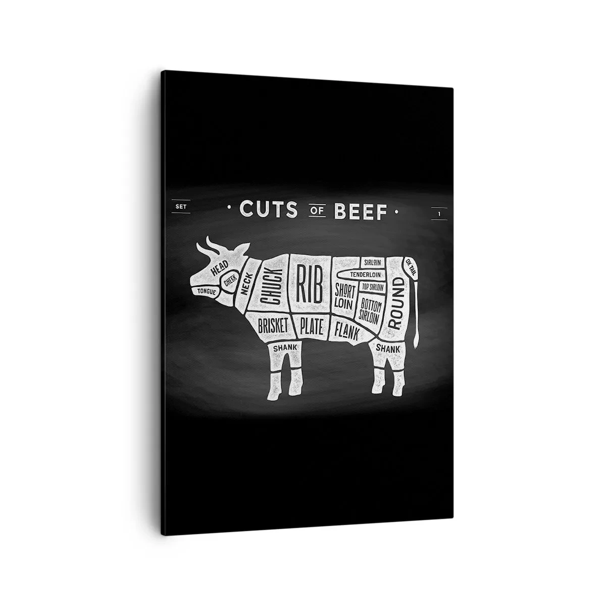 Cuadro sobre lienzo - Impresión de Imagen - Diagrama de cortes de carne de res sobre un fondo negro - 50x70cm - Manual del carnicero - Decoración de pared moderna para salón y dormitorio ARTTOR