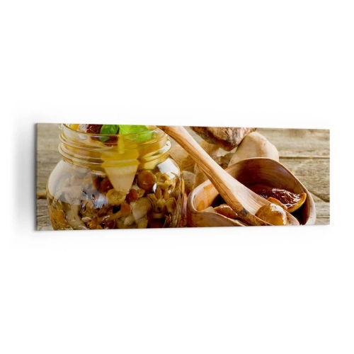 Cuadro sobre lienzo - Impresión de Imagen - Setas naturales en un tarro sobre una mesa rústica - 160x50cm - Ya sea fresco, o salado, o de temporada de otoño.... - Decoración de pared moderna para salón y dormitorio ARTTOR