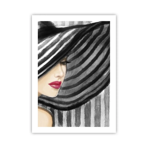 Póster - Una mujer con un sombrero ancho y labios rojos. - 50x70cm - ¿Dónde puedo encontrarte? - Decoración de pared moderna para salón y dormitorio ARTTOR