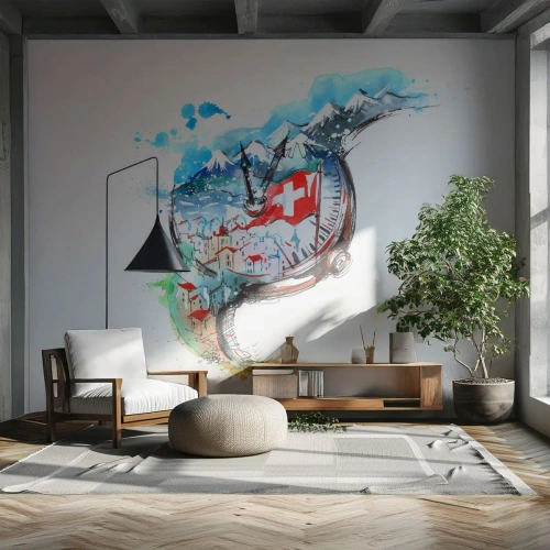 Fotomural Standard Eco - Un reloj con un paisaje de los Alpes suizos y una bandera. - 100x70cm - El espíritu de Suiza - Decoración de pared moderna para salón y dormitorio ARTTOR