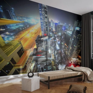 Fotomural Premium Canvas - Panorama de la ciudad nocturna con rascacielos iluminados - 100x70cm - Un milagro en el desierto - Decoración de pared moderna para salón y dormitorio ARTTOR
