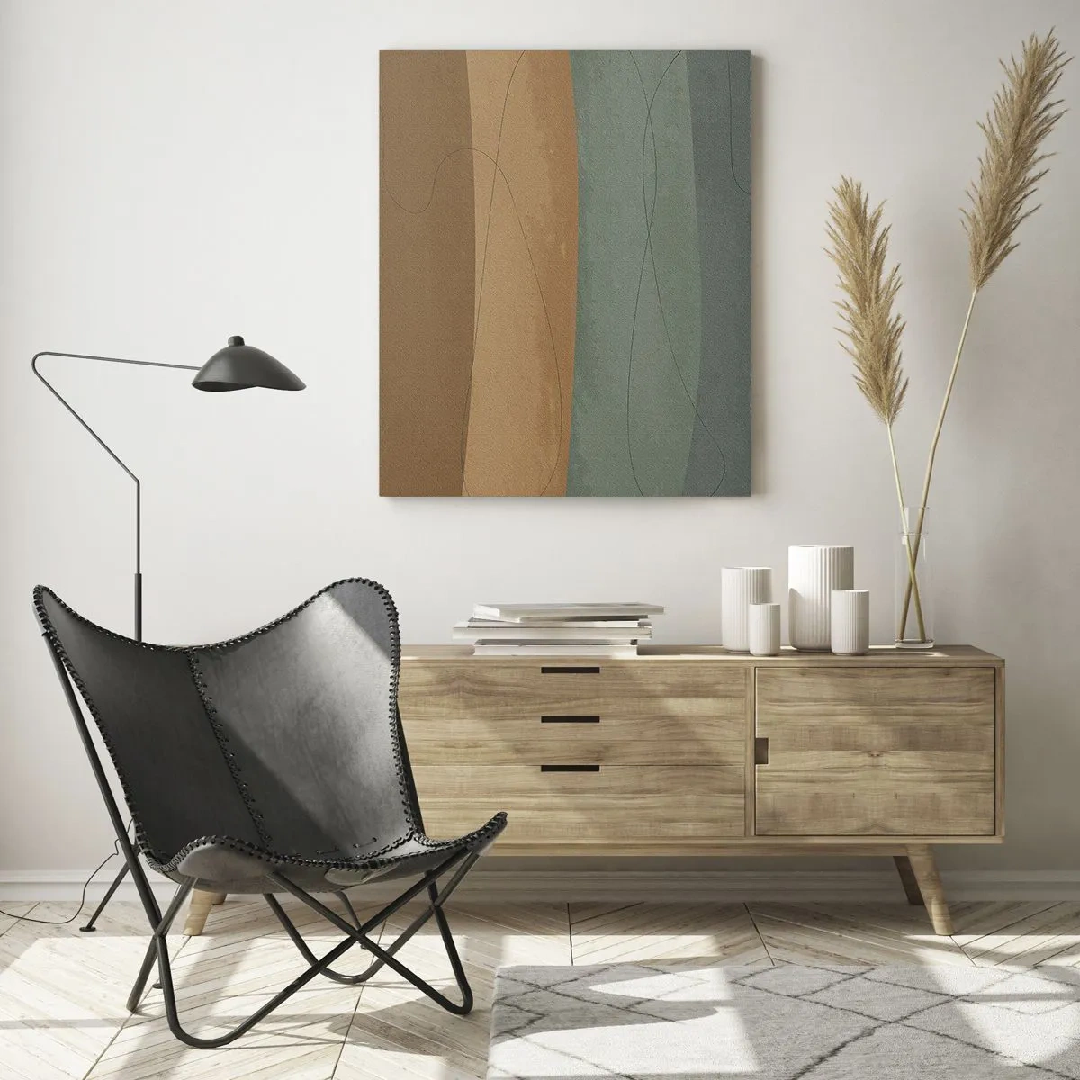 Cuadro sobre vidrio - Impresiones sobre Vidrio - Rayas abstractas en tonos tierra - 50x70cm - Composición horizontal - Decoración de pared moderna para salón y dormitorio ARTTOR