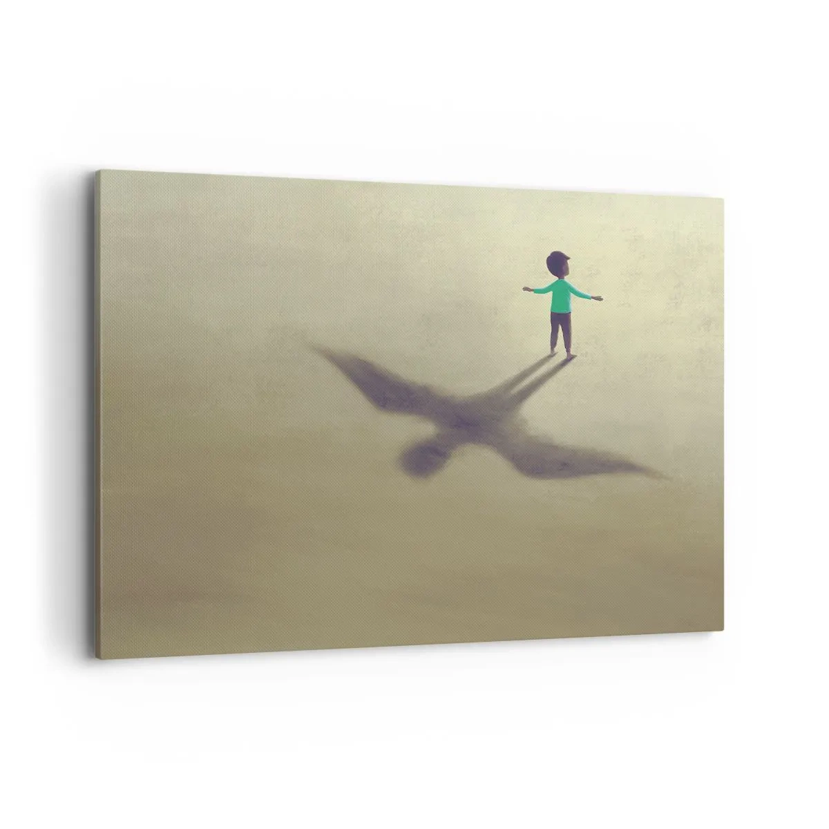 Cuadro sobre lienzo - Impresión de Imagen - Una figura simbólica de un niño con la sombra de un pájaro sobre un fondo de tonos cálidos. - 100x70cm - Héroe del futuro - Decoración de pared moderna para salón y dormitorio ARTTOR