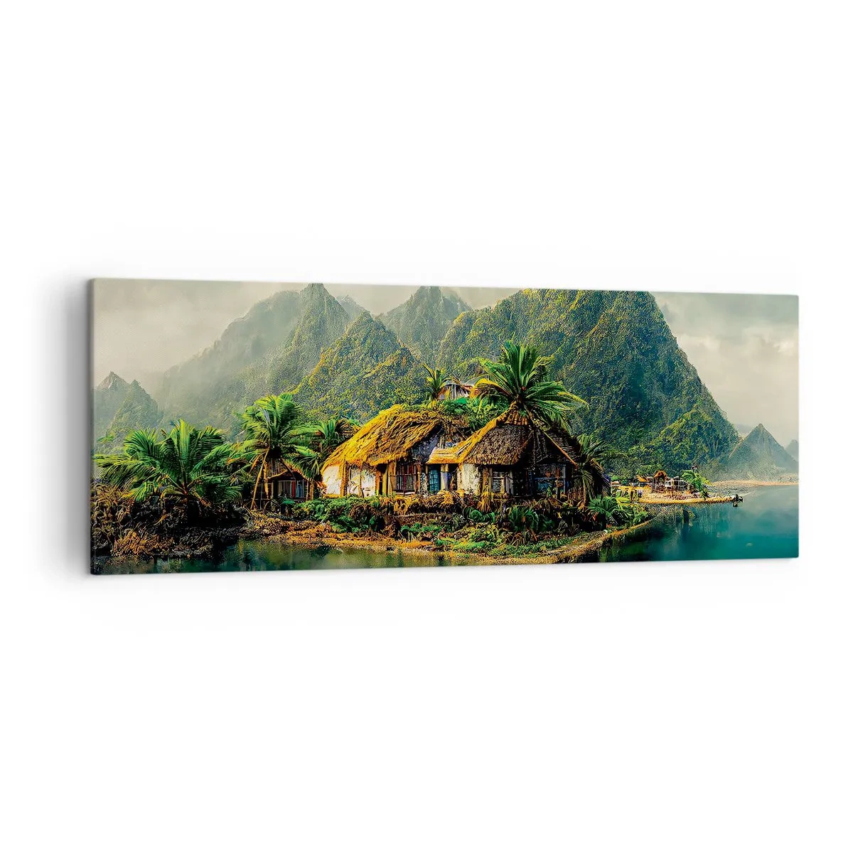 Cuadro sobre lienzo - Impresión de Imagen - Una isla tropical con palmeras y montañas al fondo. - 140x50cm - Paraíso tropical - Decoración de pared moderna para salón y dormitorio ARTTOR