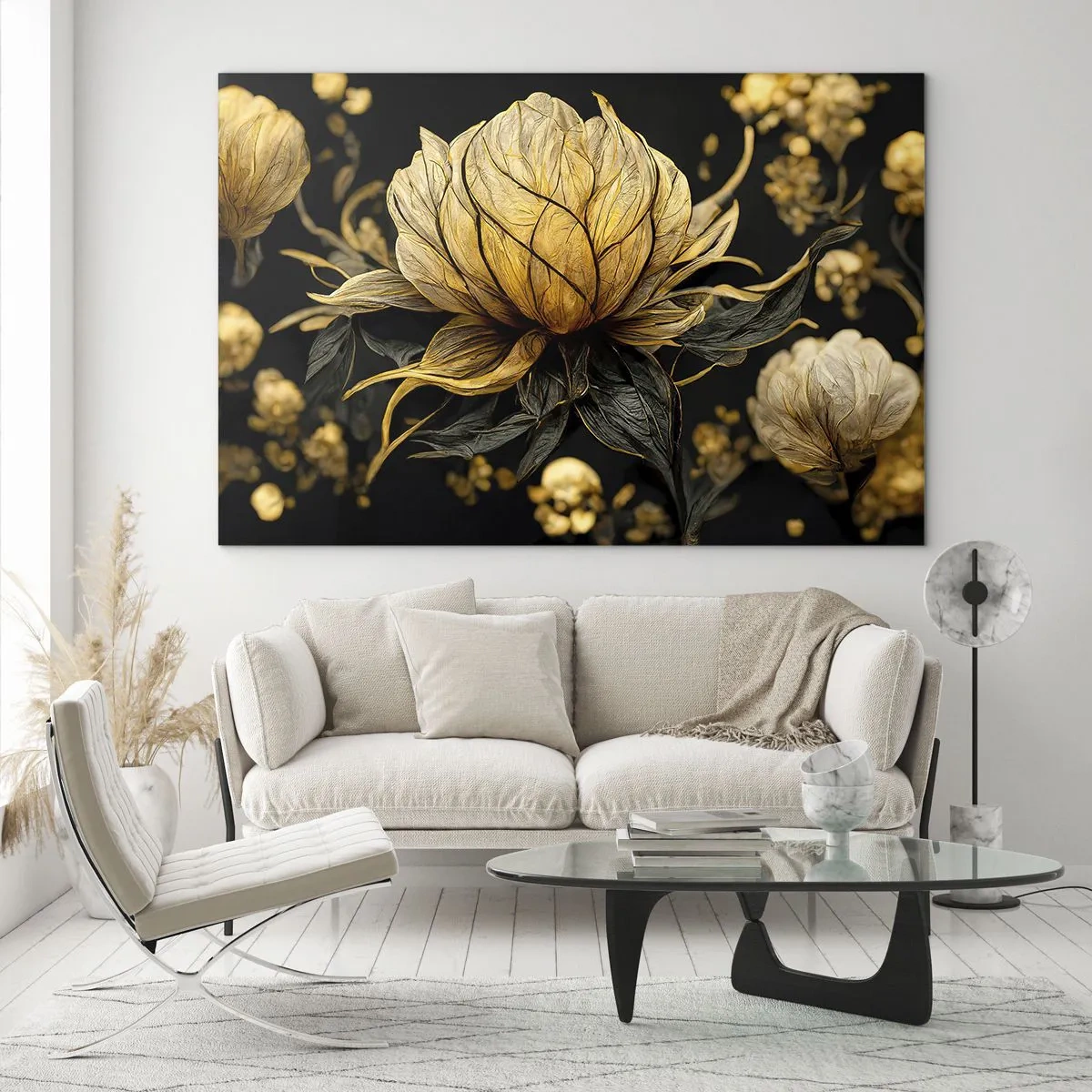 Cuadro sobre vidrio - Impresiones sobre Vidrio - Flores doradas sobre fondo negro en una elegante composición. - 100x70cm - Sutil fragilidad - Decoración de pared moderna para salón y dormitorio ARTTOR