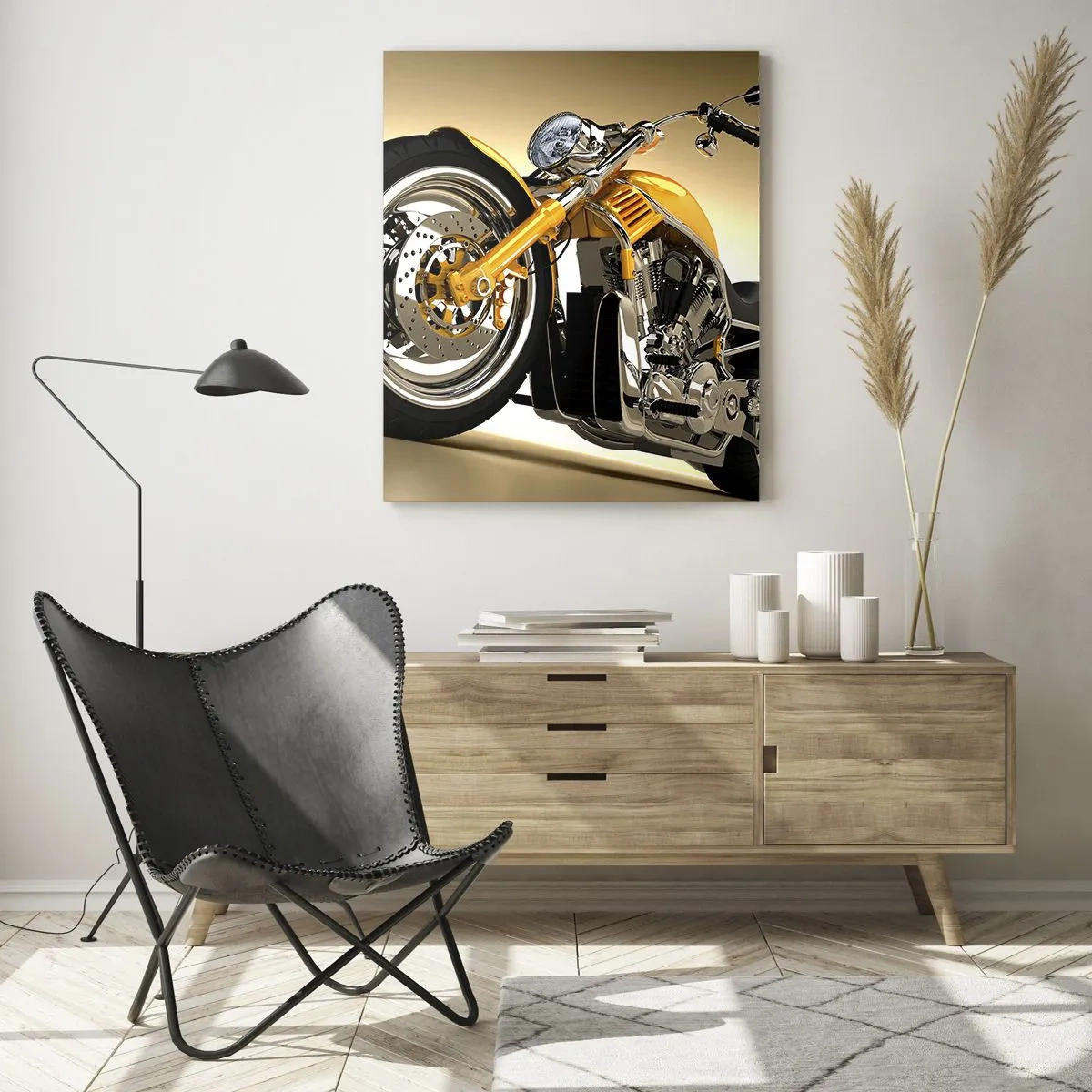 Cuadro sobre vidrio - Impresiones sobre Vidrio - Una motocicleta personalizada dorada sobre un fondo claro. - 50x70cm - Un sueño de fuerza y velocidad - Decoración de pared moderna para salón y dormitorio ARTTOR