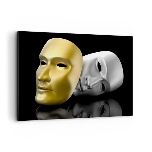 Cuadro sobre lienzo - Impresión de Imagen - Máscara de oro y plata sobre fondo negro. - 100x70cm - La vida es un teatro - Decoración de pared moderna para salón y dormitorio ARTTOR