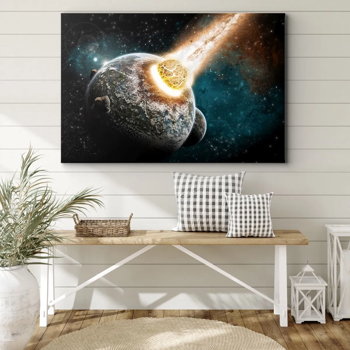 Cuadro sobre lienzo - Impresión de Imagen - Colisión cósmica de un planeta con un asteroide en las proximidades de la galaxia. - 100x70cm - ¿Condena o nacimiento? - Decoración de pared moderna para salón y dormitorio ARTTOR