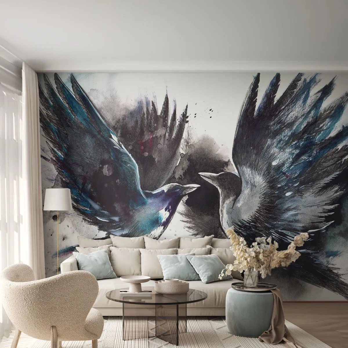 Fotomural Premium Sand - Dos cuervos en un estilo dinámico de acuarela. - 100x70cm - De cuervo a cuervo... - Decoración de pared moderna para salón y dormitorio ARTTOR