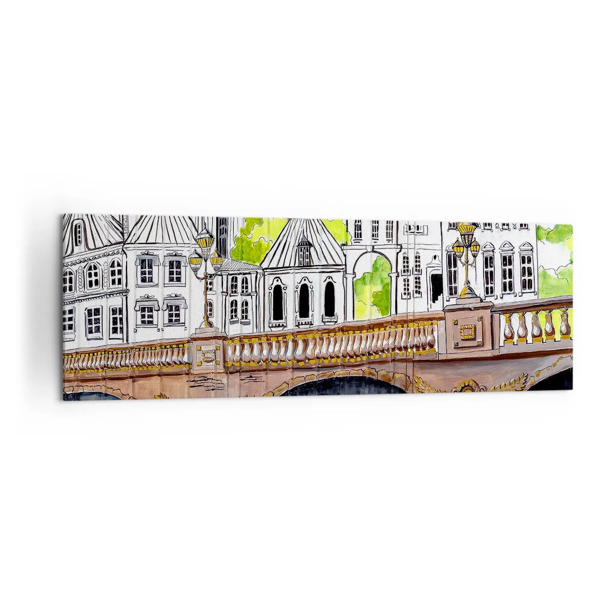Cuadro sobre lienzo - Impresión de Imagen - Dibujo del puente y arquitectura urbana histórica - 160x50cm - Una ciudad de dibujo - Decoración de pared moderna para salón y dormitorio ARTTOR