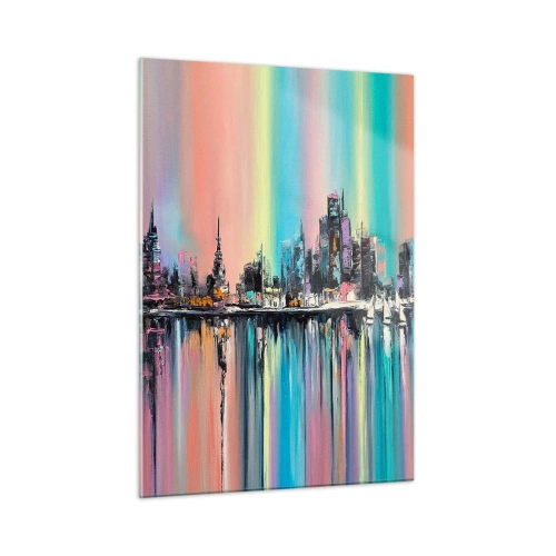 Cuadro sobre vidrio - Impresiones sobre Vidrio - Panorama abstracto de la ciudad con un fondo multicolor - 50x70cm - Flota con la luz de la noche - Decoración de pared moderna para salón y dormitorio ARTTOR