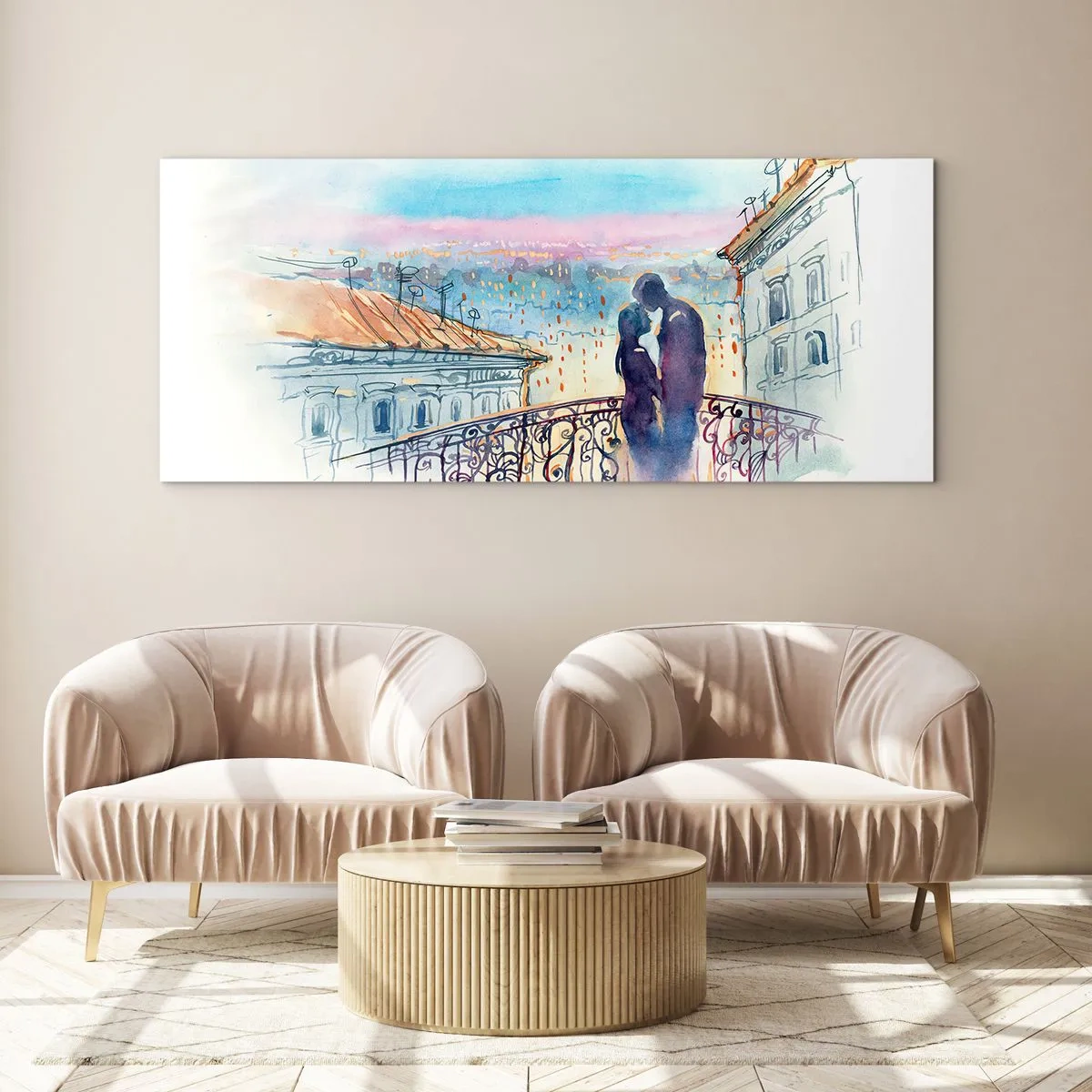 Cuadro sobre vidrio - Impresiones sobre Vidrio - Pareja romántica en un balcón con vistas a la ciudad. - 160x50cm - Los amantes de París - Decoración de pared moderna para salón y dormitorio ARTTOR