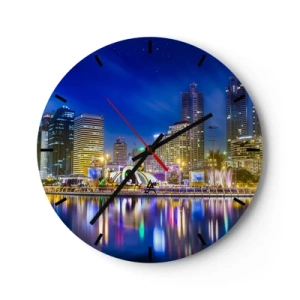 Reloj de pared - Reloj de vidrio - Vista nocturna de la ciudad con luces de colores. - 30x30cm - La noche del arco iris de la metrópoli - Decoración de pared moderna para salón, cocina y dormitorio ARTTOR