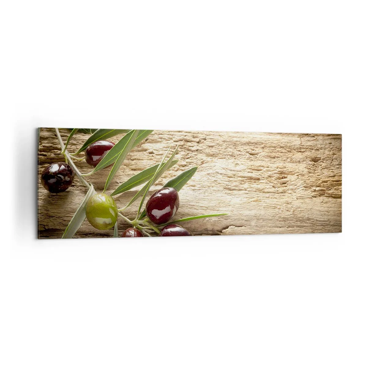 Cuadro sobre lienzo - Impresión de Imagen - Rama de olivo con fruta sobre un fondo de madera envejecida - 160x50cm - Directamente de la naturaleza - Decoración de pared moderna para salón y dormitorio ARTTOR