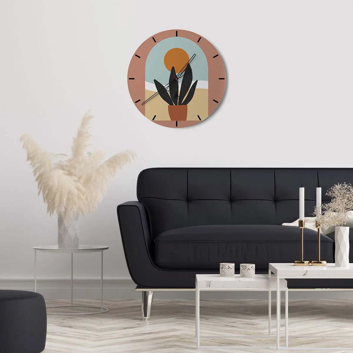 Reloj de pared - Reloj de vidrio - Una planta en maceta minimalista con el sol como fondo. - 30x30cm - Pequeñas alegrías - Decoración de pared moderna para salón, cocina y dormitorio ARTTOR