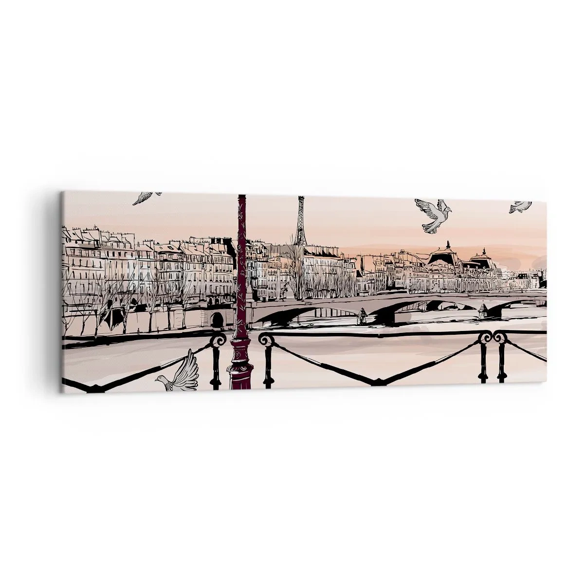 Cuadro sobre lienzo - Impresión de Imagen - Vista parisina con una linterna y un puente. - 140x50cm - Sobre los tejados de París - Decoración de pared moderna para salón y dormitorio ARTTOR
