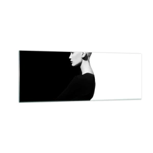 Cuadro sobre vidrio - Impresiones sobre Vidrio - Retrato elegante de una mujer sobre un fondo blanco y negro. - 140x50cm - Simplemente femenina - Decoración de pared moderna para salón y dormitorio ARTTOR