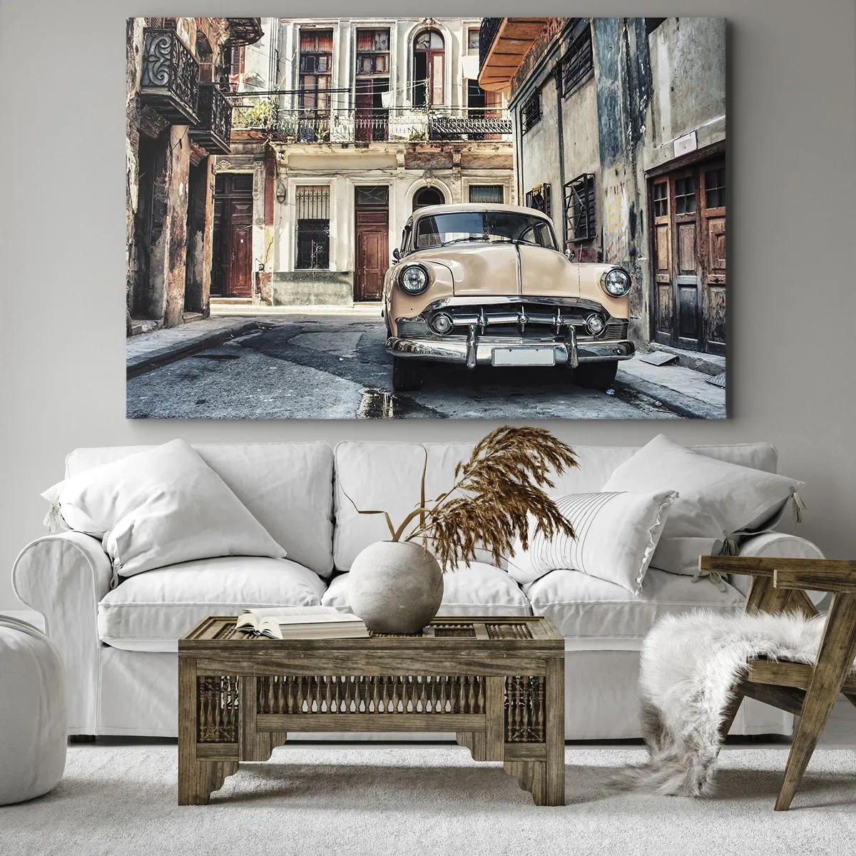 Cuadro sobre lienzo - Impresión de Imagen - Un coche clásico con la arquitectura urbana como telón de fondo - 100x70cm - Siesta en La Habana - Decoración de pared moderna para salón y dormitorio ARTTOR