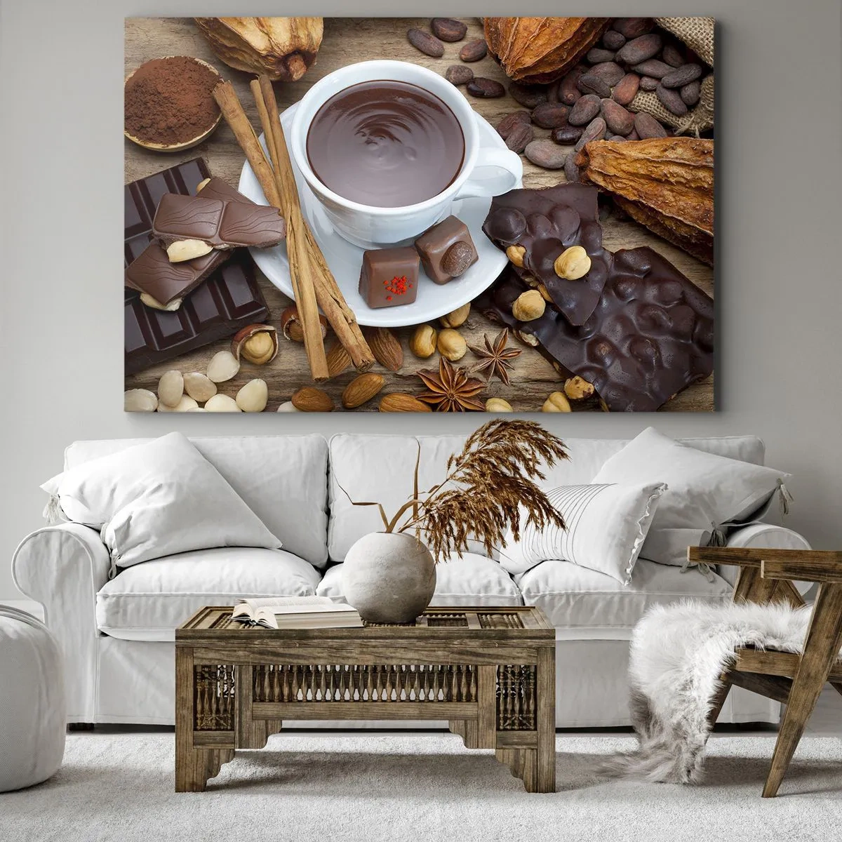 Cuadro sobre lienzo - Impresión de Imagen - Una taza de chocolate caliente rodeada de ingredientes de postre. - 70x50cm - Chocolate de ensueño - Decoración de pared moderna para salón y dormitorio ARTTOR