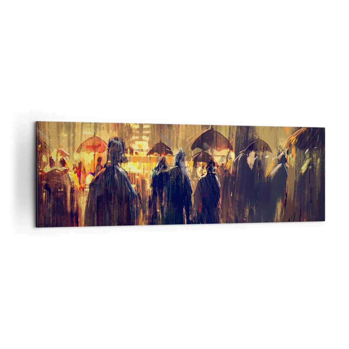 Cuadro sobre lienzo - Impresión de Imagen - Figuras con paraguas en una ciudad lluviosa por la noche - 160x50cm - Seguidores de la lluvia - Decoración de pared moderna para salón y dormitorio ARTTOR