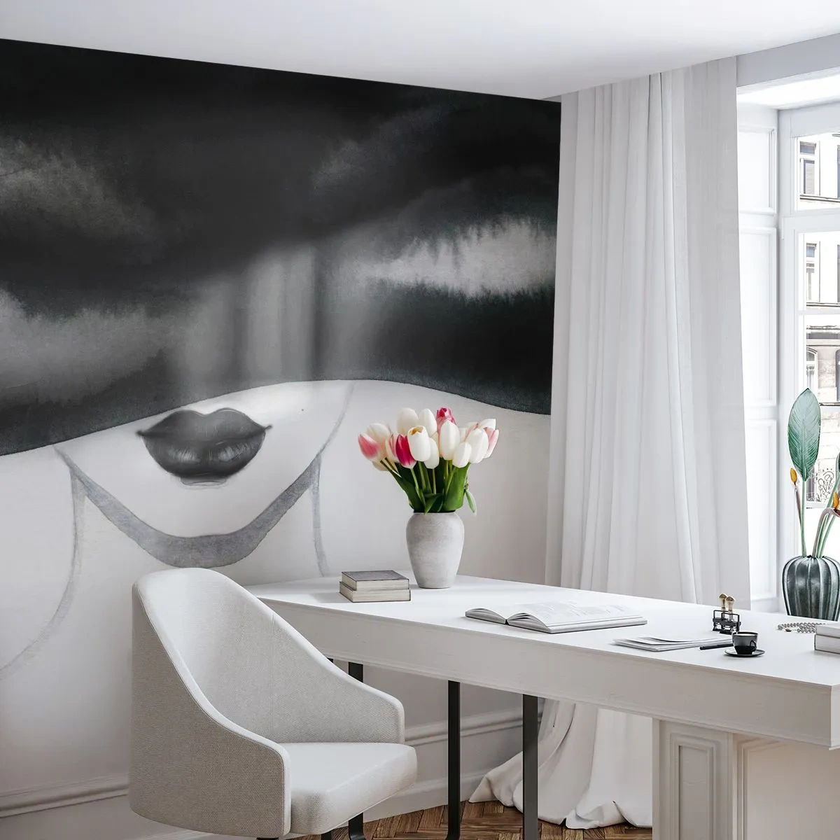 Fotomural Premium Canvas - Un misterio sensual - mujer con sombrero, Modelo, En blanco y negro - 400x280 cm