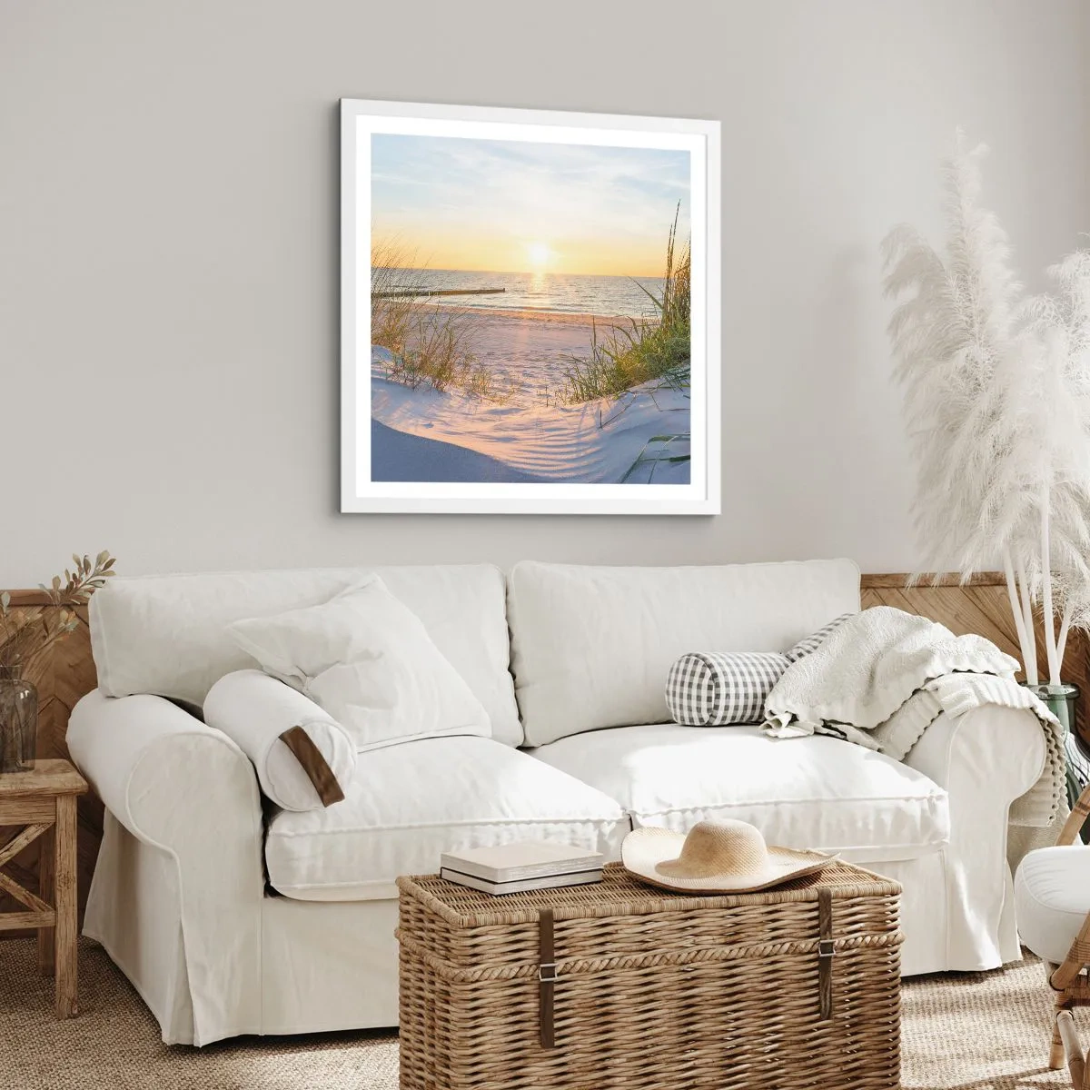 Póster en marco blanco - El sonido del mar, el canto de los pájaros, una playa virgen entre las dunas... - 50x50 cm