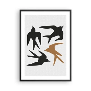Póster en marco negro - Siluetas estilizadas de golondrinas sobre un fondo claro - 50x70cm - Juegos de golondrinas - Decoración de pared moderna para salón y dormitorio ARTTOR