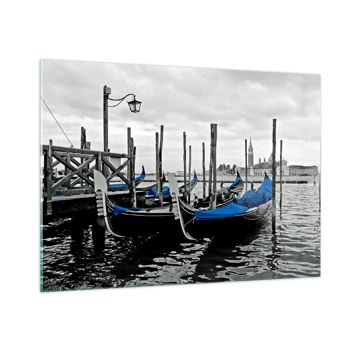 Cuadro sobre vidrio - Impresiones sobre Vidrio - Góndolas azules con el paisaje veneciano como telón de fondo - 100x70cm - Venecia en el pensamiento - Decoración de pared moderna para salón y dormitorio ARTTOR