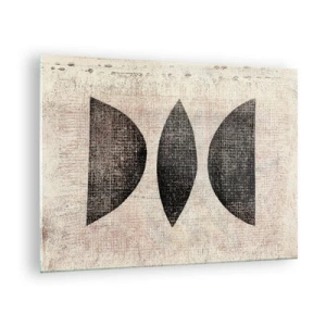 Cuadro sobre vidrio - Impresiones sobre Vidrio - Formas geométricas negras sobre un fondo beige - 70x50cm - Abstracción étnica - Decoración de pared moderna para salón y dormitorio ARTTOR
