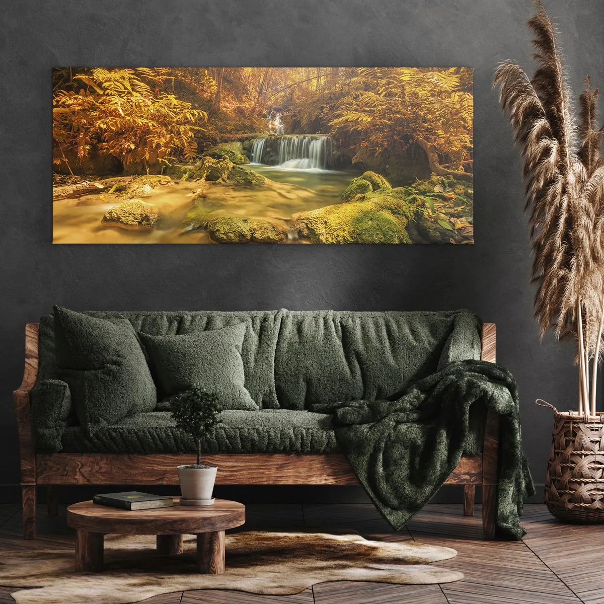 Cuadro sobre lienzo - Impresión de Imagen - Una cascada dorada en un bosque otoñal rodeado de vegetación. - 140x50cm - Cascada forestal en oro - Decoración de pared moderna para salón y dormitorio ARTTOR