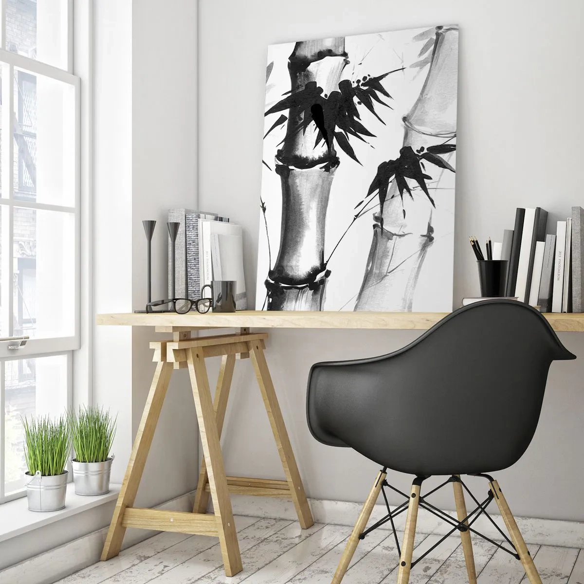 Cuadro sobre vidrio - Impresiones sobre Vidrio - Bambú de acuarela de estilo japonés sobre un fondo blanco. - 80x120cm - Primer plano de Oriente - Decoración de pared moderna para salón y dormitorio ARTTOR