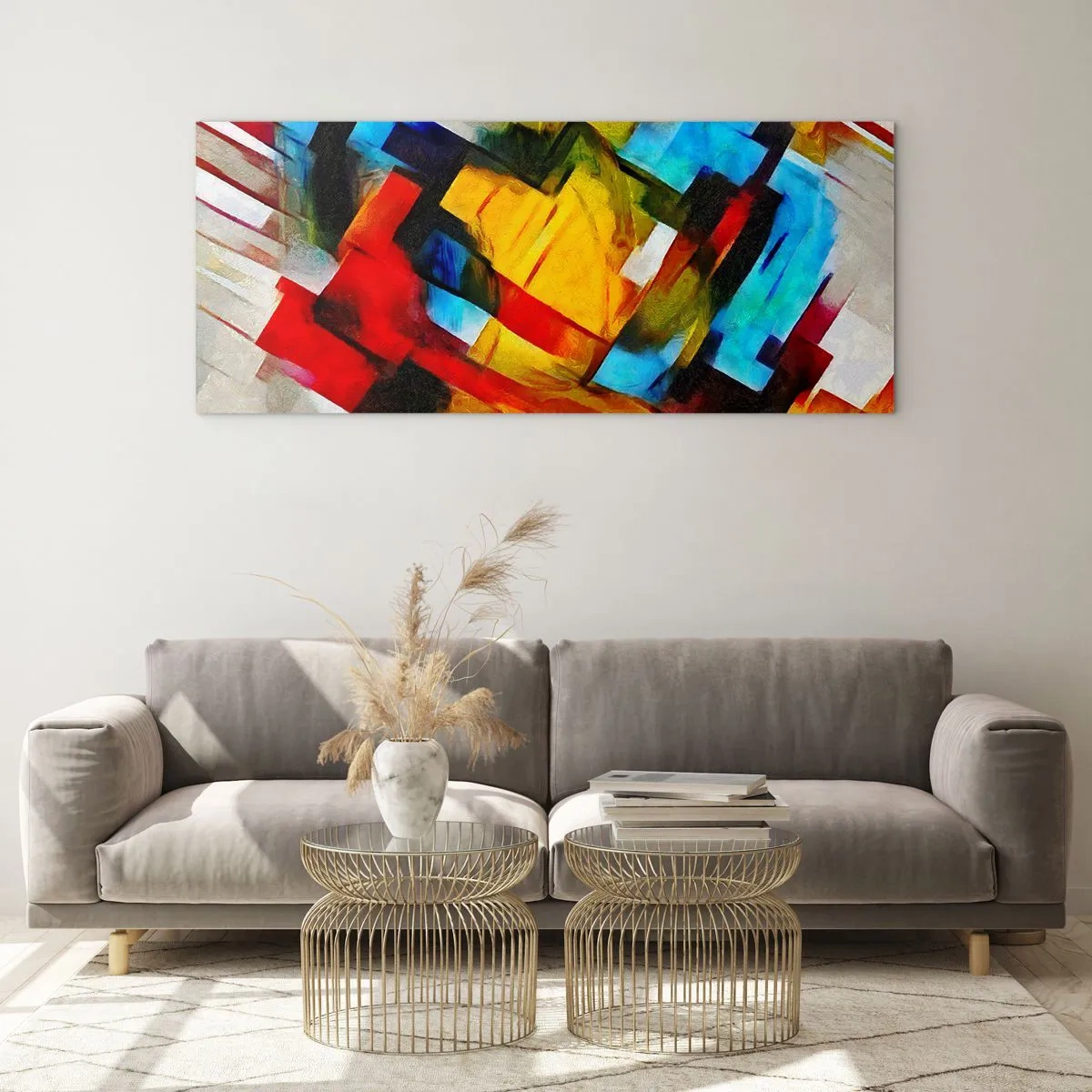 Cuadro sobre vidrio - Impresiones sobre Vidrio - Composición geométrica abstracta en colores vivos. - 120x50cm - Un popurrí multicolor - Decoración de pared moderna para salón y dormitorio ARTTOR
