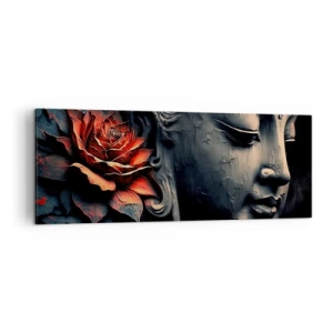 Cuadro sobre lienzo - Impresión de Imagen - Escultura de Buda con una flor de loto roja. - 140x50cm - En sintonía con el mundo - Decoración de pared moderna para salón y dormitorio ARTTOR