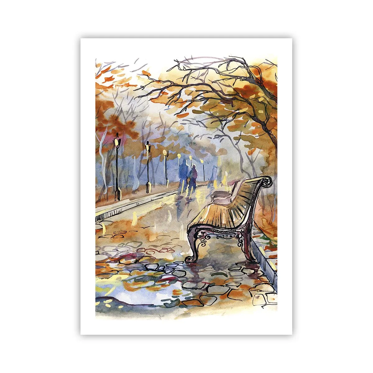 Póster - Banco en un parque de otoño, acuarela - 50x70cm - Caminemos juntos hacia el otoño - Decoración de pared moderna para salón y dormitorio ARTTOR