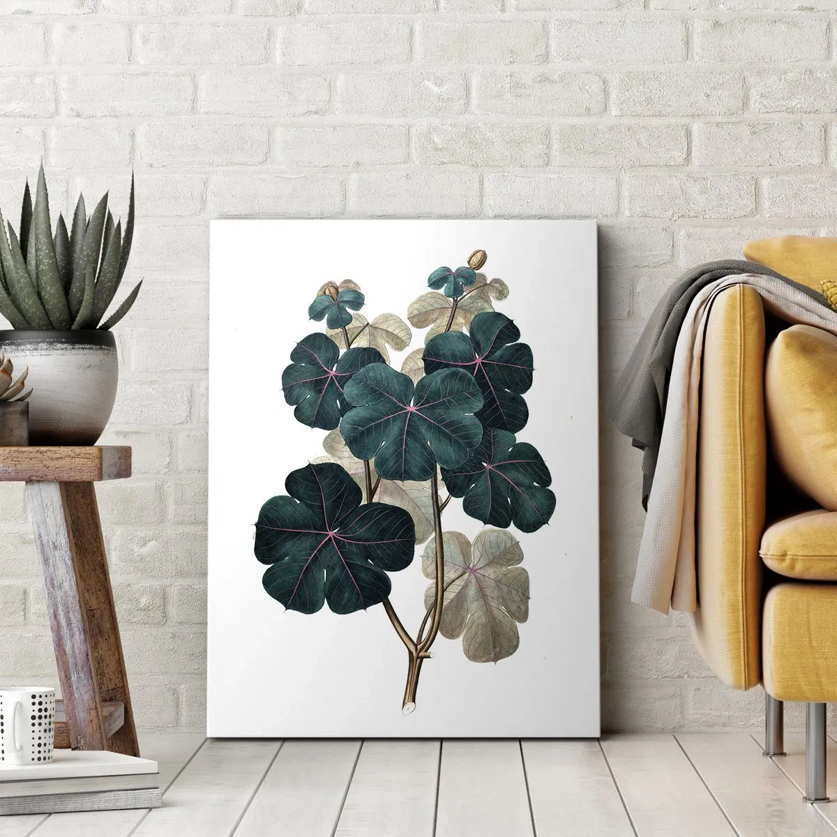 Cuadro sobre lienzo - Impresión de Imagen - Ilustración botánica con hojas en tonos verdes y beige. - 70x100cm - De un viejo herbario - Decoración de pared moderna para salón y dormitorio ARTTOR