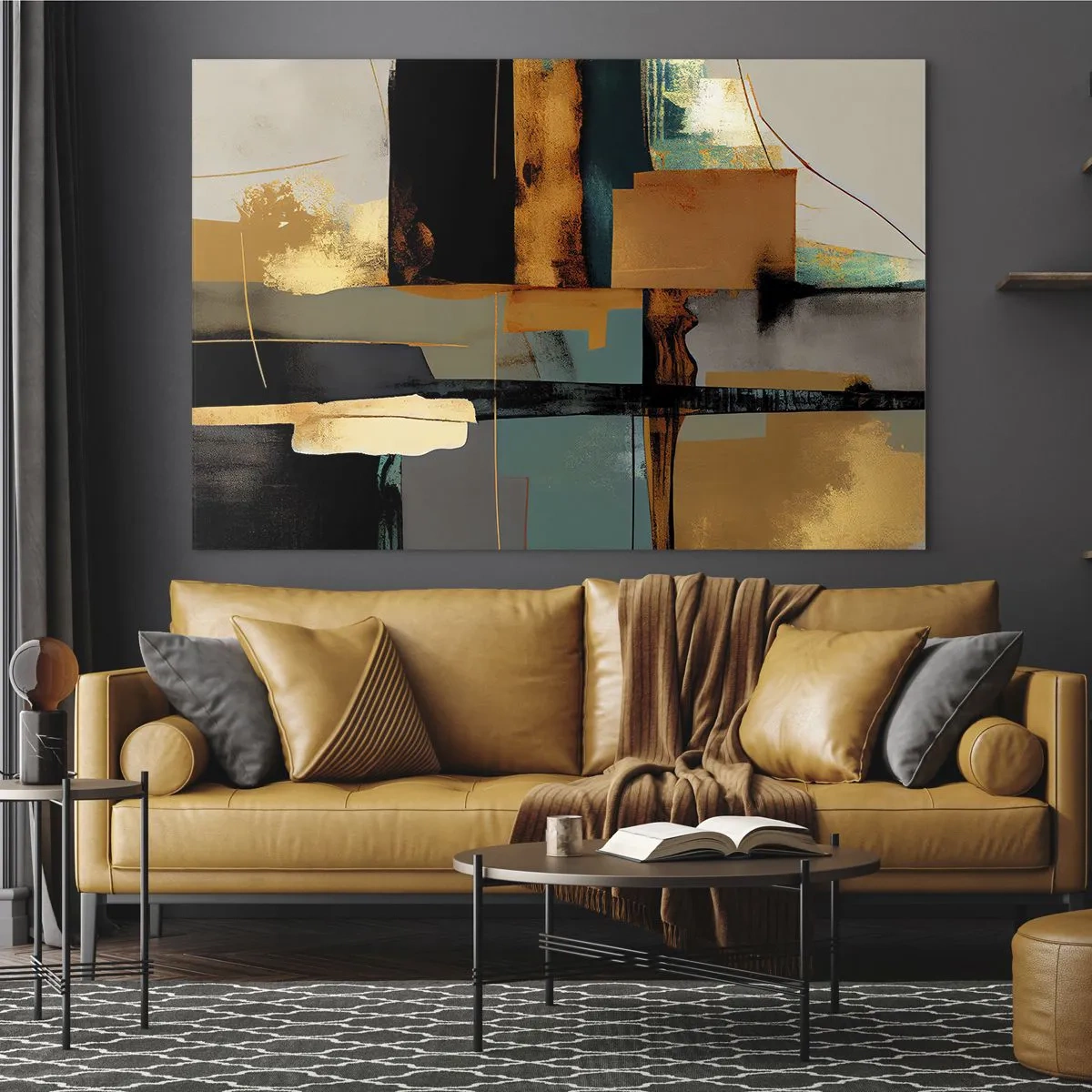 Cuadro sobre vidrio - Impresiones sobre Vidrio - Abstracción moderna con contrastes de oro, negro y turquesa. - 70x50cm - Abstracción: luces y sombras - Decoración de pared moderna para salón y dormitorio ARTTOR