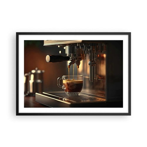 Póster en marco negro - Cafetera con una taza de espresso aromático. - 70x50cm - Un brebaje sensual - Decoración de pared moderna para salón y dormitorio ARTTOR