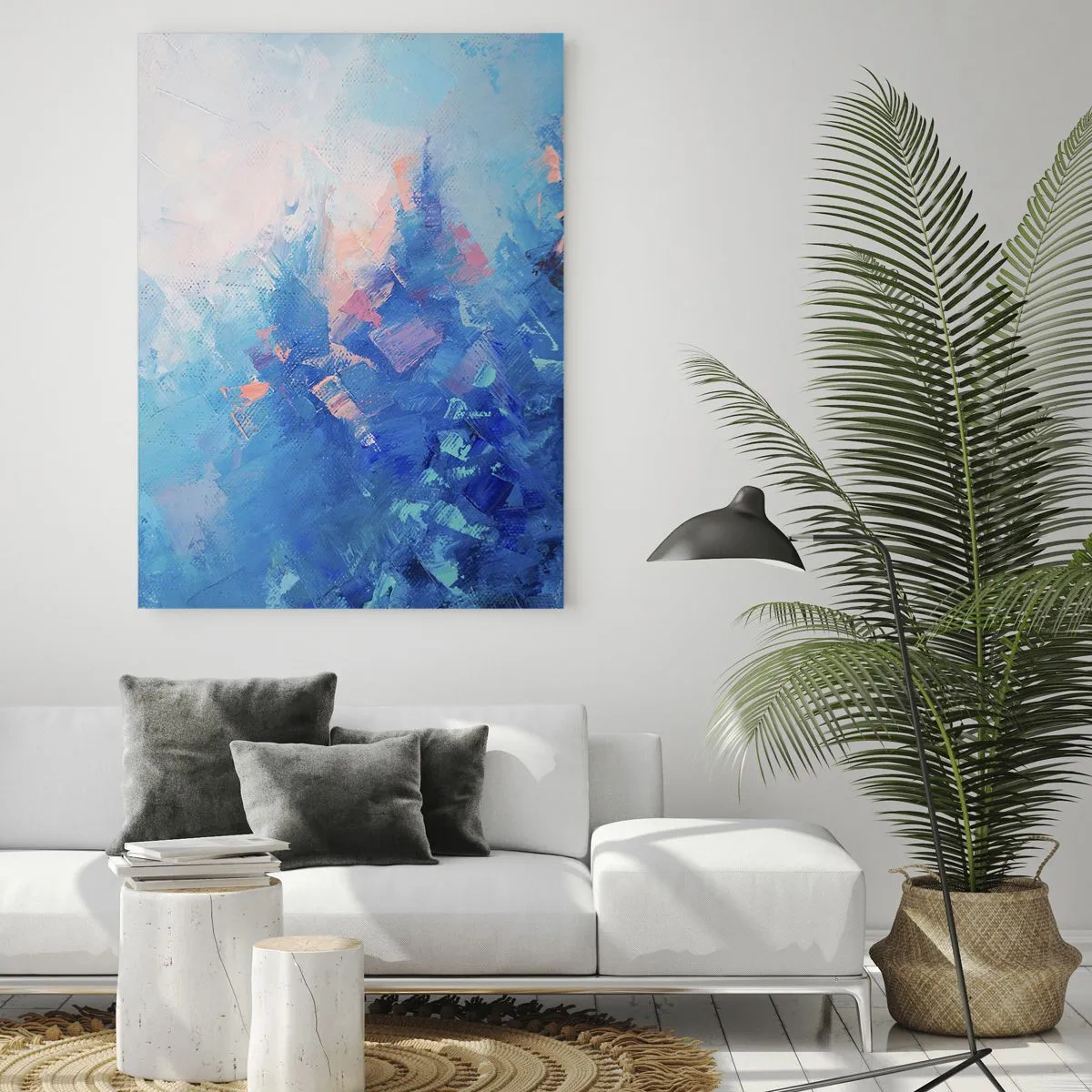 Cuadro sobre vidrio - Impresiones sobre Vidrio - Paisaje invernal abstracto con azules fríos y tonos rosados suaves. - 50x70cm - Abstracción invernal - Decoración de pared moderna para salón y dormitorio ARTTOR