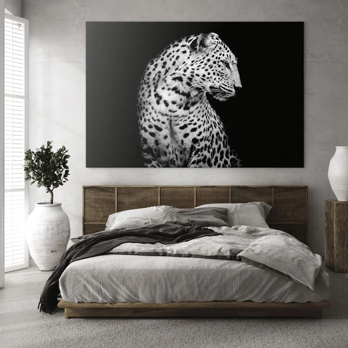 Cuadro sobre vidrio - Impresiones sobre Vidrio - Un leopardo con luz blanca y negra contra una ventana. - 120x80cm - El perfil derecho es perfecto - Decoración de pared moderna para salón y dormitorio ARTTOR