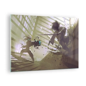 Cuadro sobre vidrio - Impresiones sobre Vidrio - Duelo de samuráis en una escena dinámica - 70x50cm - Y puedes ser un samurai - Decoración de pared moderna para salón y dormitorio ARTTOR