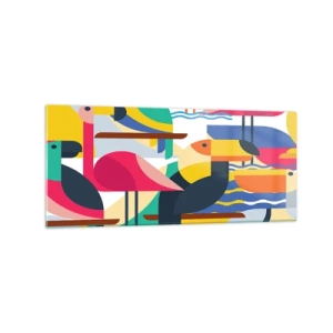 Cuadro sobre vidrio - Impresiones sobre Vidrio - Pájaros coloridos en una composición geométrica abstracta - 120x50cm - Fiesta de las aves - Decoración de pared moderna para salón y dormitorio ARTTOR
